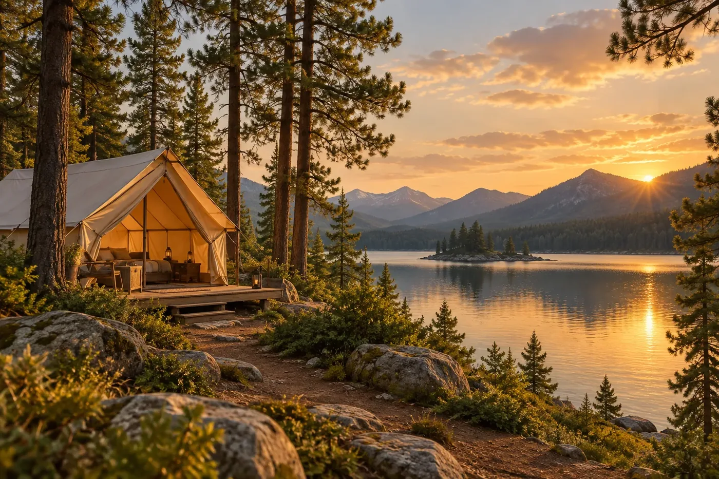 Illustration of a canvas tent shelter beside a calm forest lake at golden hour