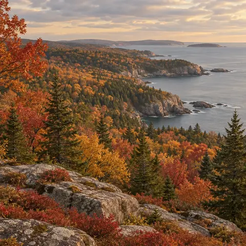 Illustration of a New England autumn coastline