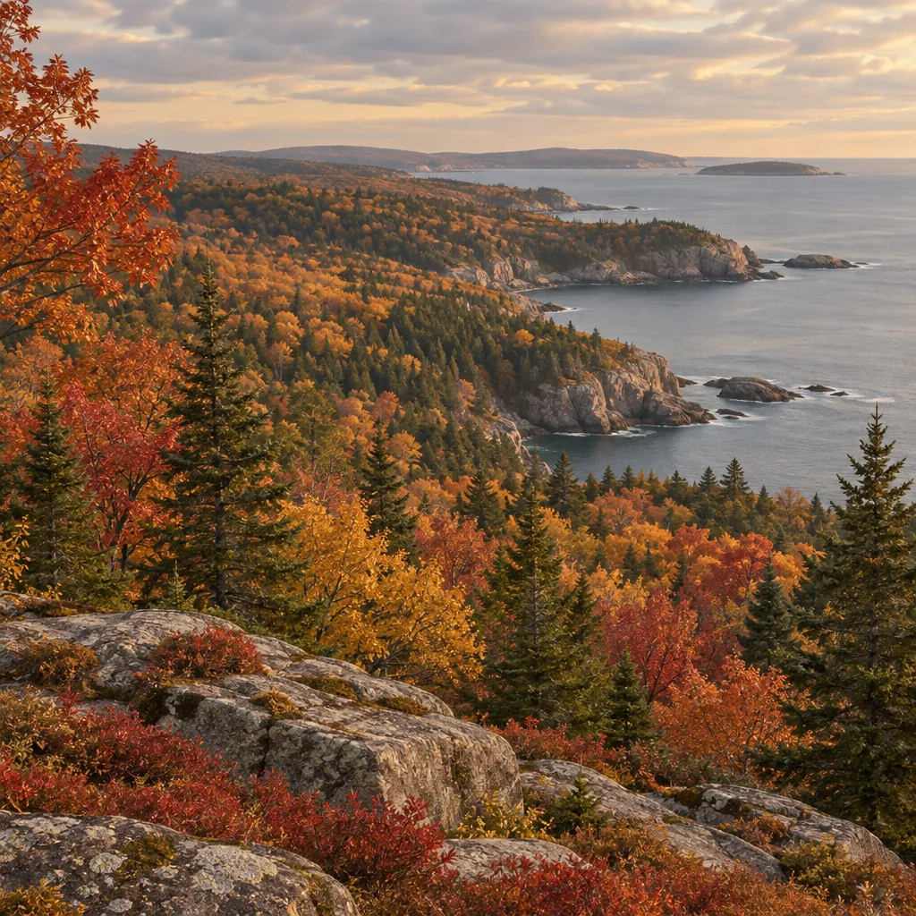 Illustration of a New England autumn coastline