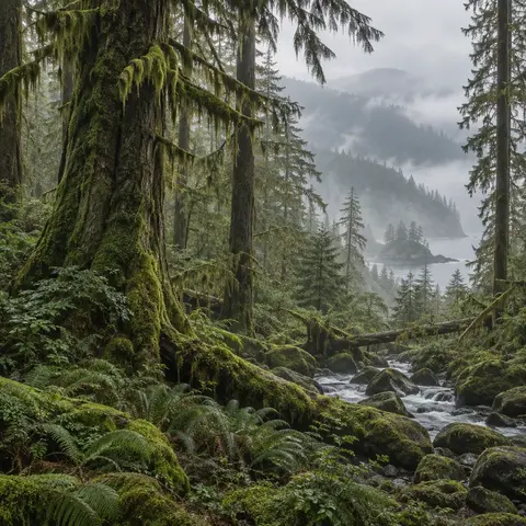 Illustration of mossy temperate rainforest in fog