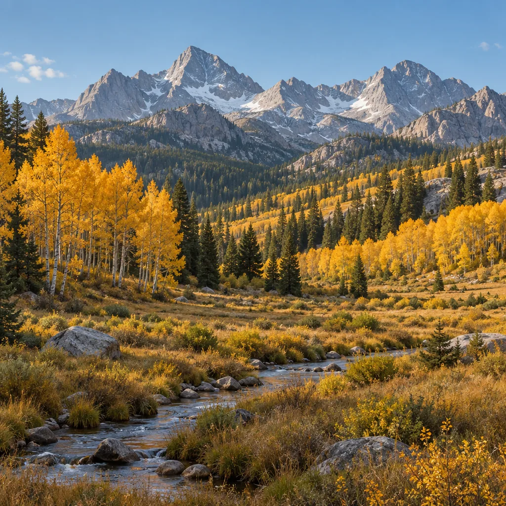 Illustration of an alpine meadow with aspens and granite peaks
