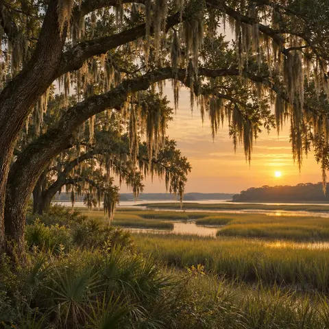 Illustration of live oaks draped in Spanish moss
