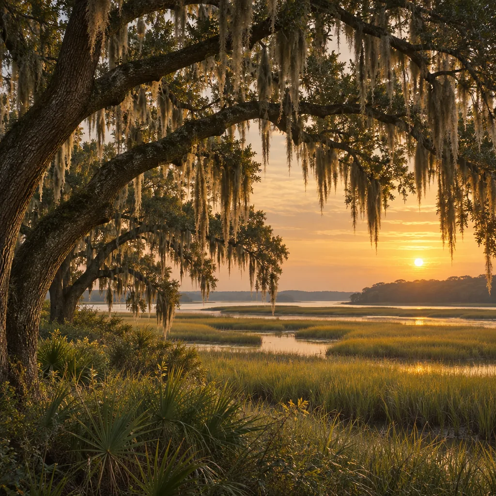 Illustration of live oaks draped in Spanish moss
