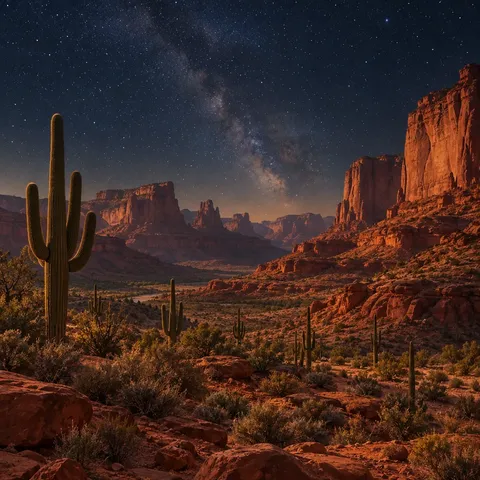Illustration of a red-rock desert canyon under a dark night sky